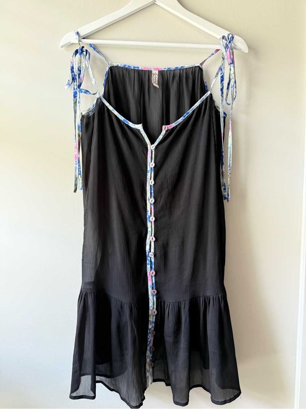 Free People Intimately Black Sheer Chemise Style Dress Floral Trim Tie Strap